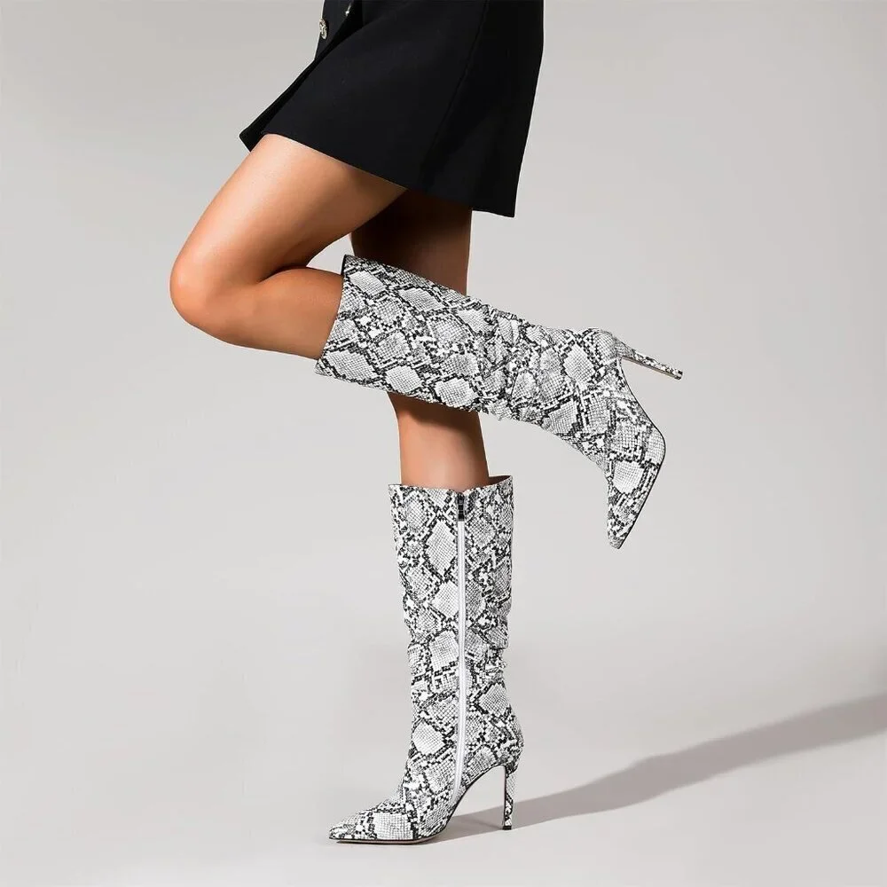 Women Snakeskin PU Knee High Exquisite Pointed Toe Fine High Heels Pleated Boots
